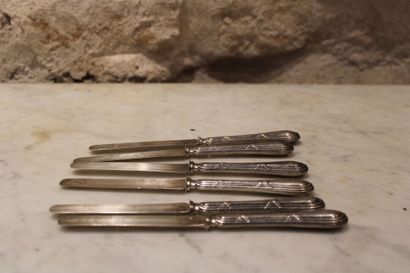 Six dessert knives with coat of arms, silver...