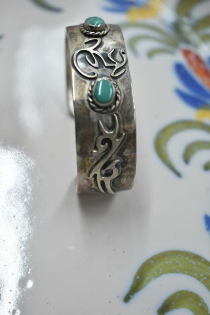 Silver ring 825 with tribal motifs and cabochons...