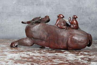 CHINA. Buffalo and its buffalo, surmounted...