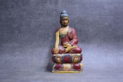 INDE. Bouddha en bois laqué polychrome. Hauteur...