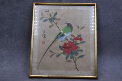 CHINE. Volatile sur une branche, peinture...