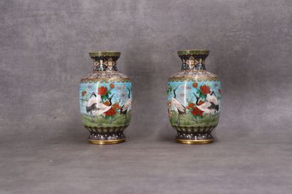 CHINE. Paire de vases en bronze à émaux cloisonnés...