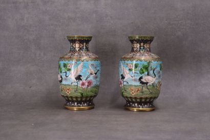 CHINE. Paire de vases en bronze à émaux cloisonnés...