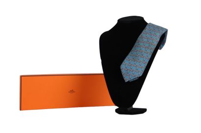 HERMES. Tie in its box, blue gray color....