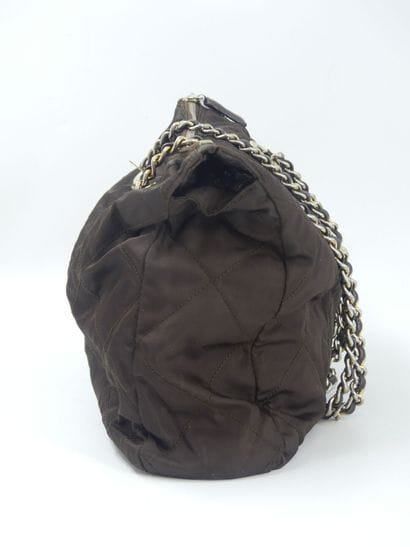 PRADA. Brown nylon tote bag, chain handle,...