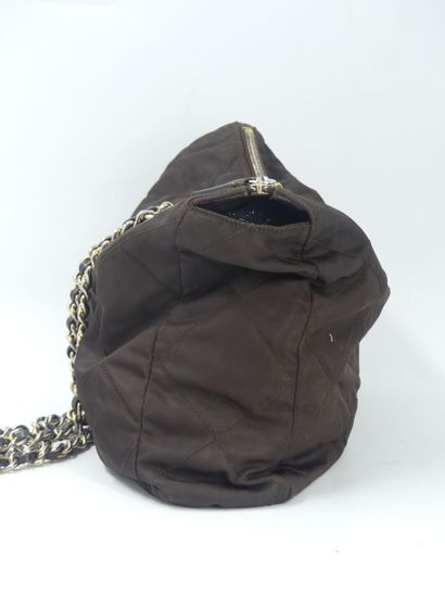 PRADA. Brown nylon tote bag, chain handle,...