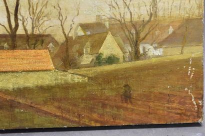 École du XXe siècle. Vue de village animée,...