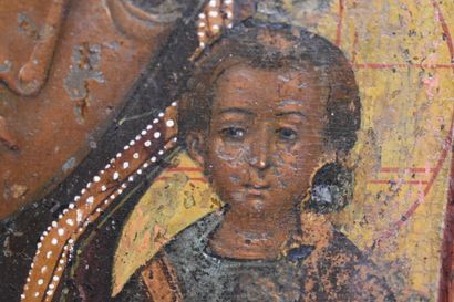 RUSSIE. Icone orthodoxe sur bois laqué noir...