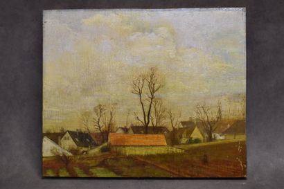 École du XXe siècle. Vue de village animée,...