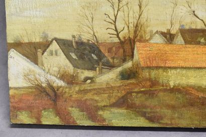 École du XXe siècle. Vue de village animée,...
