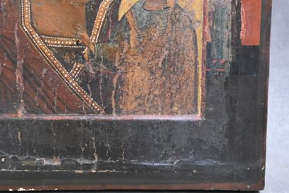 RUSSIE. Icone orthodoxe sur bois laqué noir...