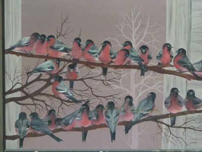 Luc GODAR (1942), Oiseaux sur branches, huile...