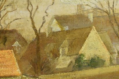 École du XXe siècle. Vue de village animée,...