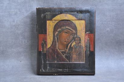 RUSSIE. Icone orthodoxe sur bois laqué noir...