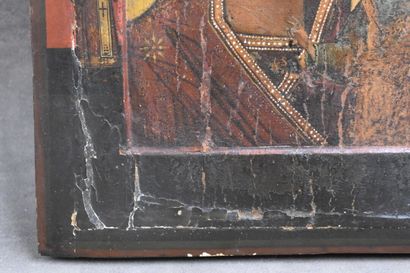 RUSSIE. Icone orthodoxe sur bois laqué noir...
