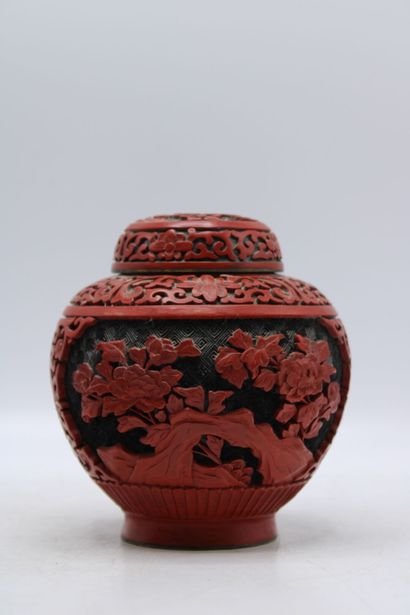 CHINA. Pair of covered pots in red lacquered...