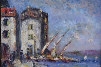 School of the XXth. Harbor landscape, oil...