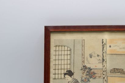 JAPAN. Polychrome print showing a woman in...