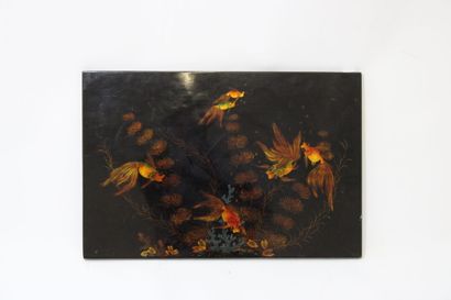 CHINA. Black lacquered wood panel decorated...