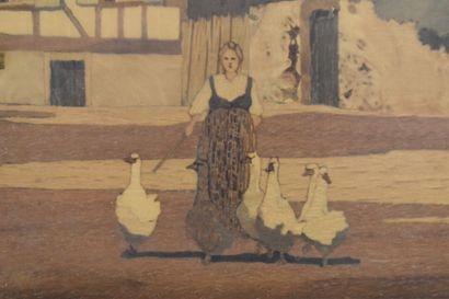 Charles SPINDLER (1865-1938). Village courtyard,...