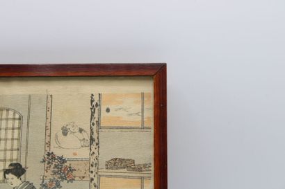 JAPAN. Polychrome print showing a woman in...