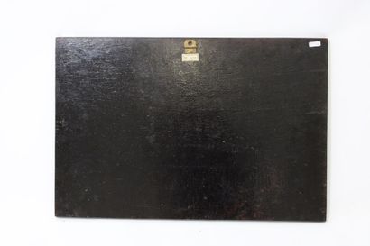 CHINA. Black lacquered wood panel decorated...