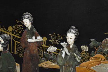 CHINA. Lacquered wood panel representing...
