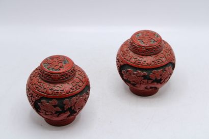 CHINA. Pair of covered pots in red lacquered...