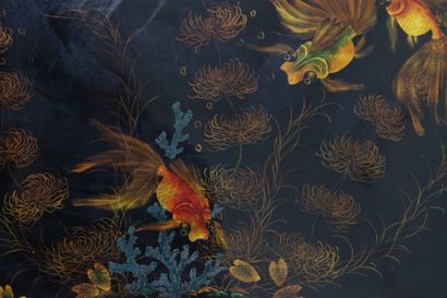 CHINA. Black lacquered wood panel decorated...