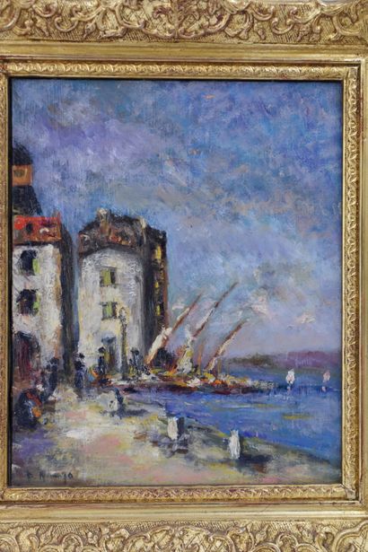 School of the XXth. Harbor landscape, oil...