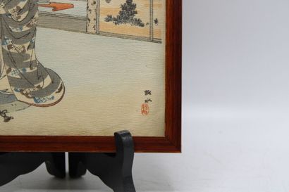 JAPAN. Polychrome print showing a woman in...