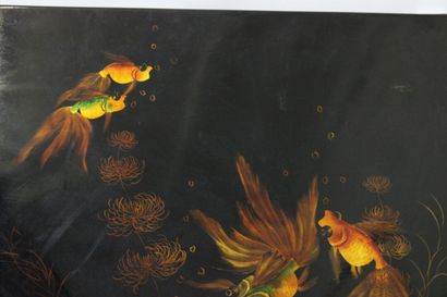 CHINA. Black lacquered wood panel decorated...