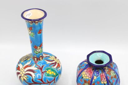 LONGWY. Earthenware baluster vase with polychrome...