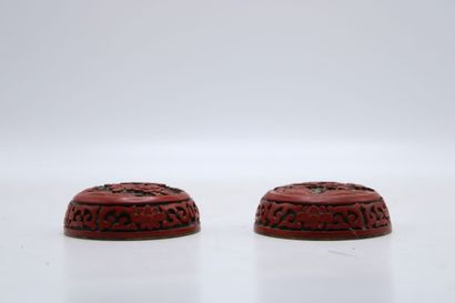 CHINA. Pair of covered pots in red lacquered...