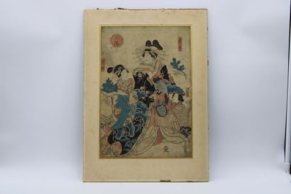 JAPON 
. Geishas, polychrome print on paper....