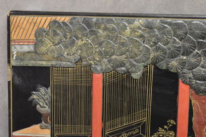 CHINA. Lacquered wood panel representing...