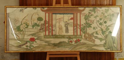 CHINA. The temple, painting on silk. Framed...