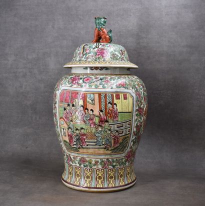 CHINA. Pink family. Covered pot in polychrome...