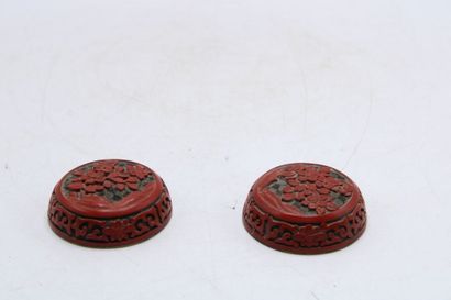 CHINA. Pair of covered pots in red lacquered...