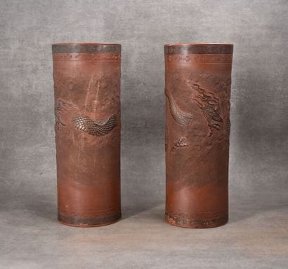 CHINA. Pair of Yixing scroll vases in terra...