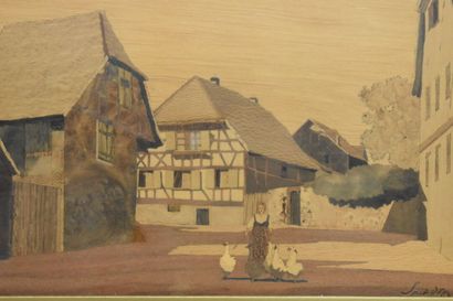 Charles SPINDLER (1865-1938). Village courtyard,...