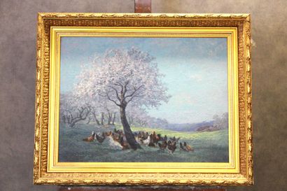E. DI MARZO (XIX-XX), Landscape with chickens,...