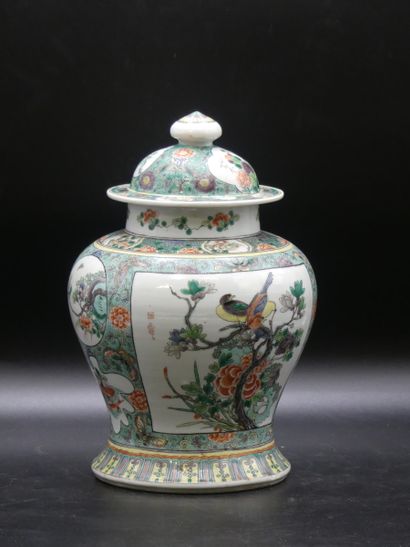 CHINA. Covered vase in white porcelain decorated...