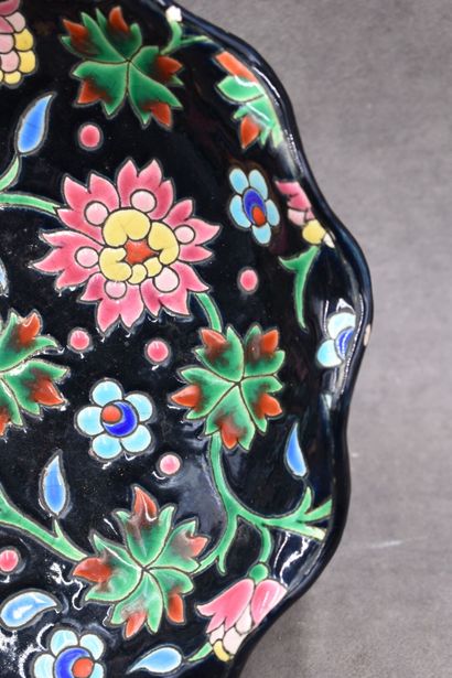 LONGWY. Ceramic cup on foot with enamelled...