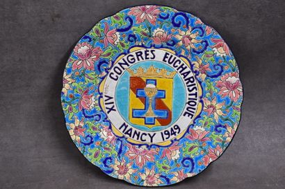 LONGWY. Earthenware dish decorated in cloisonné...