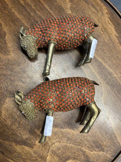 TIBET 
Pair of metal sheep (silver ?) with...