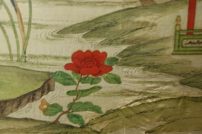 CHINA. The temple, painting on silk. Framed...