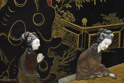 CHINA. Lacquered wood panel representing...
