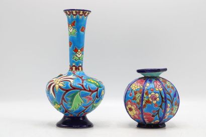LONGWY. Earthenware baluster vase with polychrome...