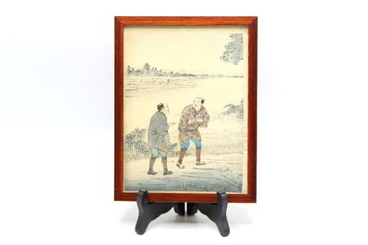 JAPAN. Print in ink and polychrome, two characters...